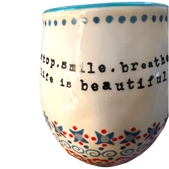 NATURAL LIFE Stoneware Cup Stop Smile Breathe Life Is Beautiful Boho Floral Gift - Picture 9 of 14